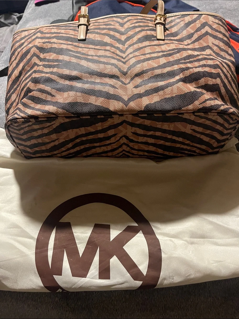 Michael Kors Brown and Tan Zebra-Print Tote with Gold MK Charm